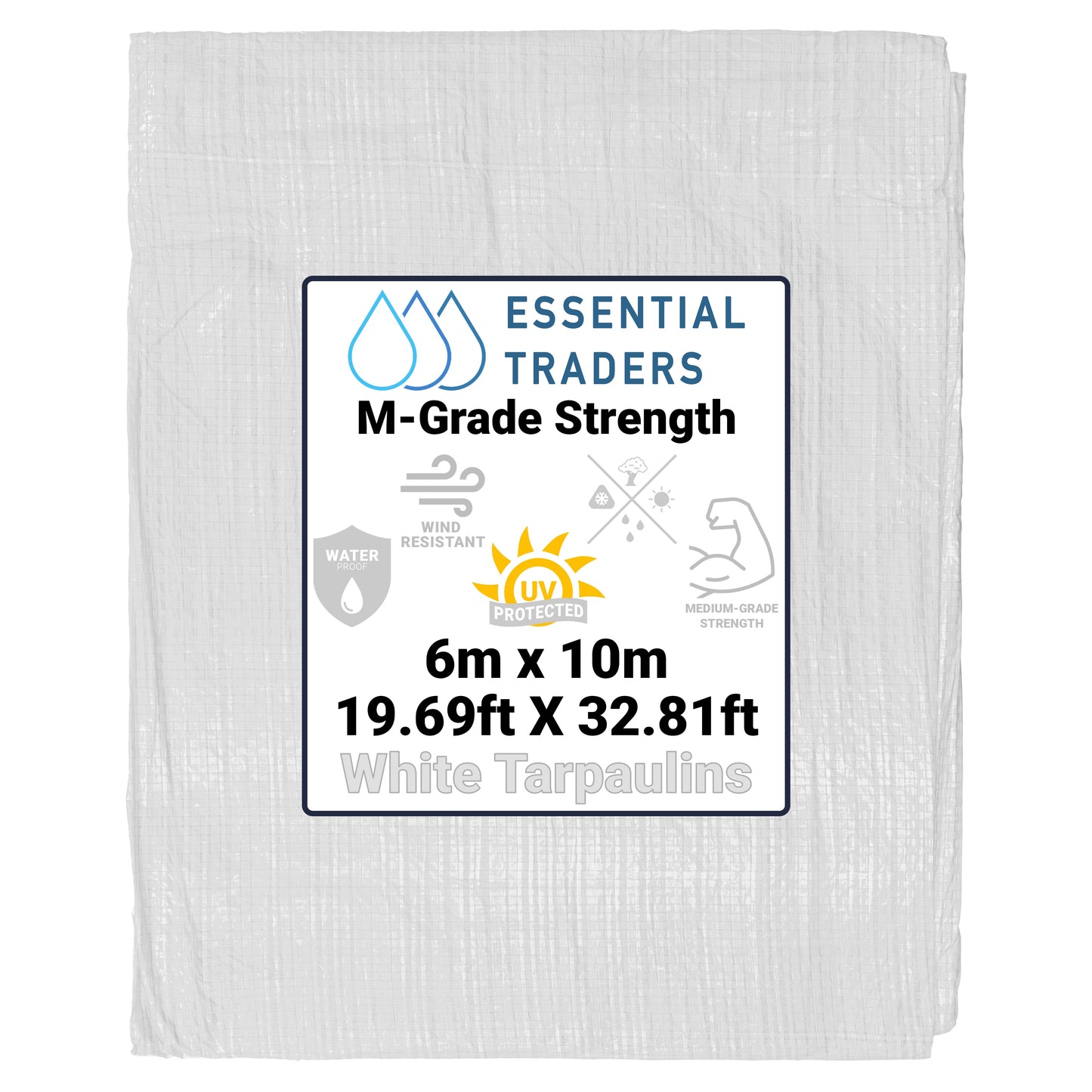 6m x 10m White Tarpaulins, M-Grade 90 GSM
