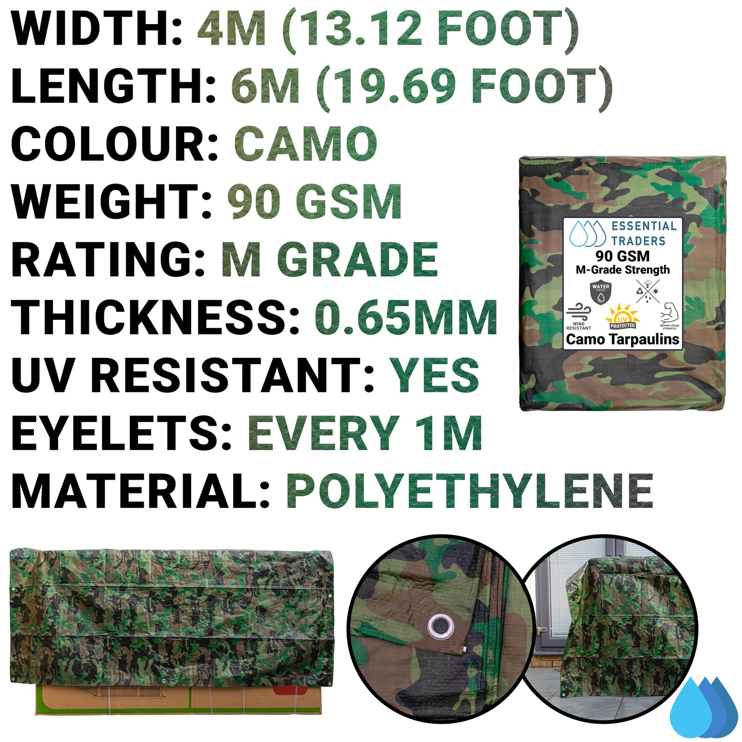 4m x 6m Camouflage Tarpaulins, M-Grade 90 GSM