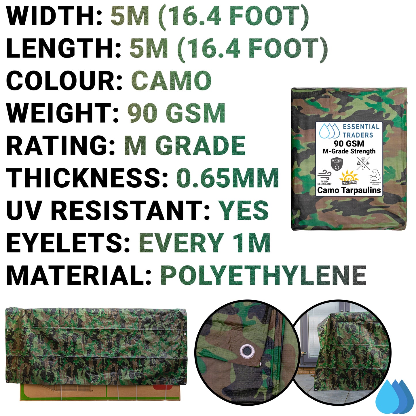 5m x 5m Camouflage Tarpaulins, M-Grade 90 GSM