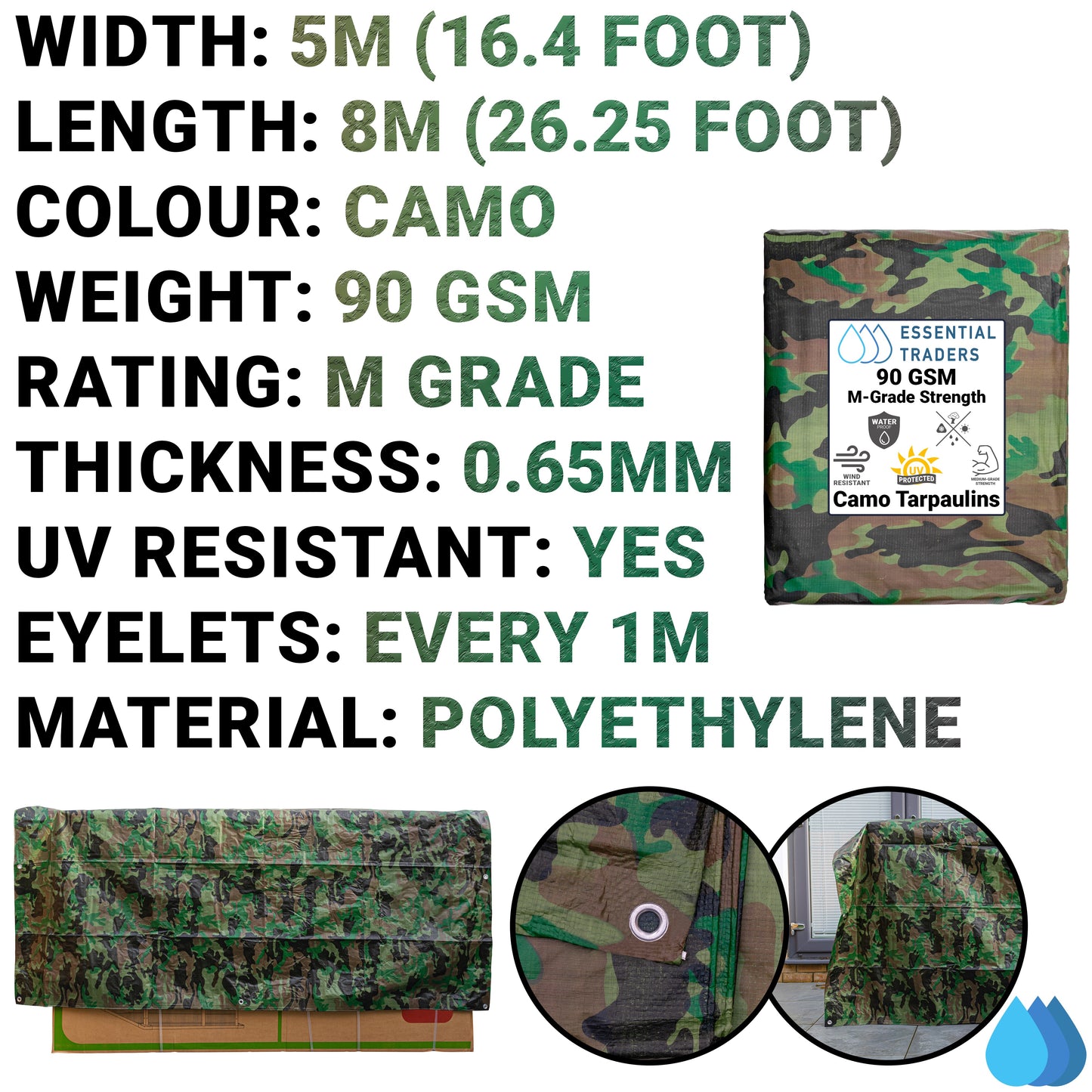 5m x 8m Camouflage Tarpaulins, M-Grade 90 GSM