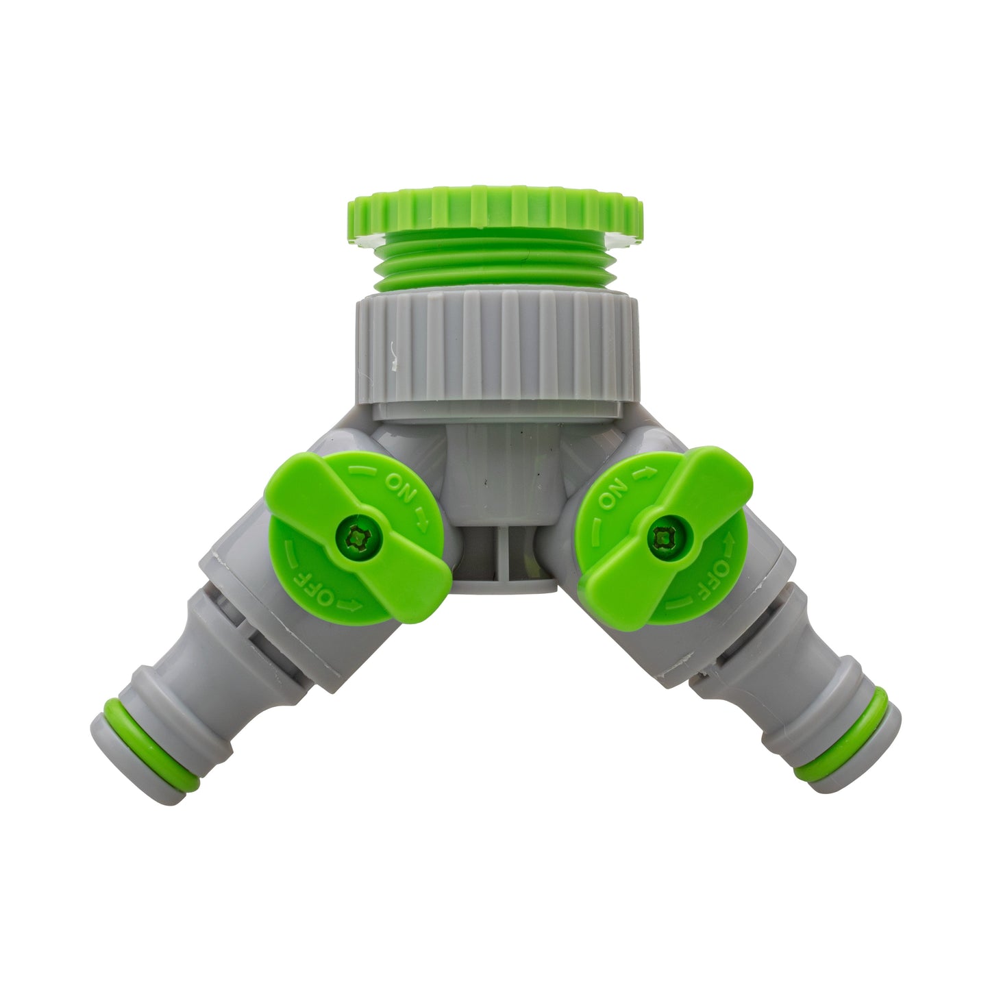 Double Outlet Tap Splitter with Valves, Green & Grey