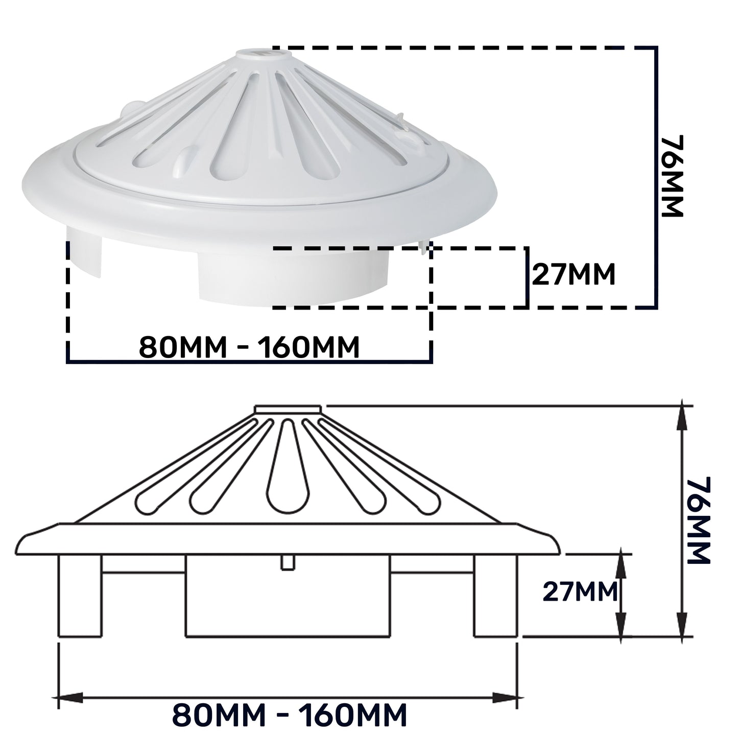 White Adjustable Round Louvre Vent, 80mm - 160mm