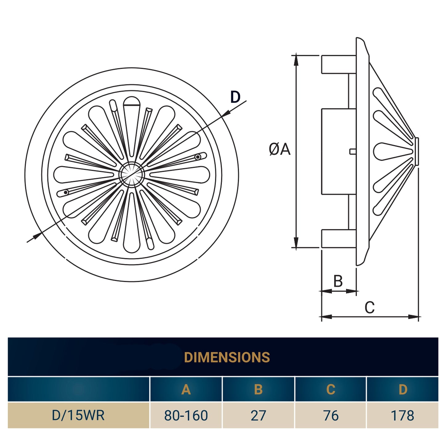 White Adjustable Round Louvre Vent, 80mm - 160mm
