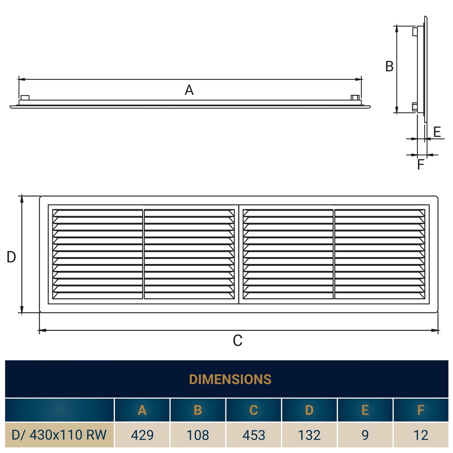 White Louvre Vent with Fly Screen, 430mm x 110mm