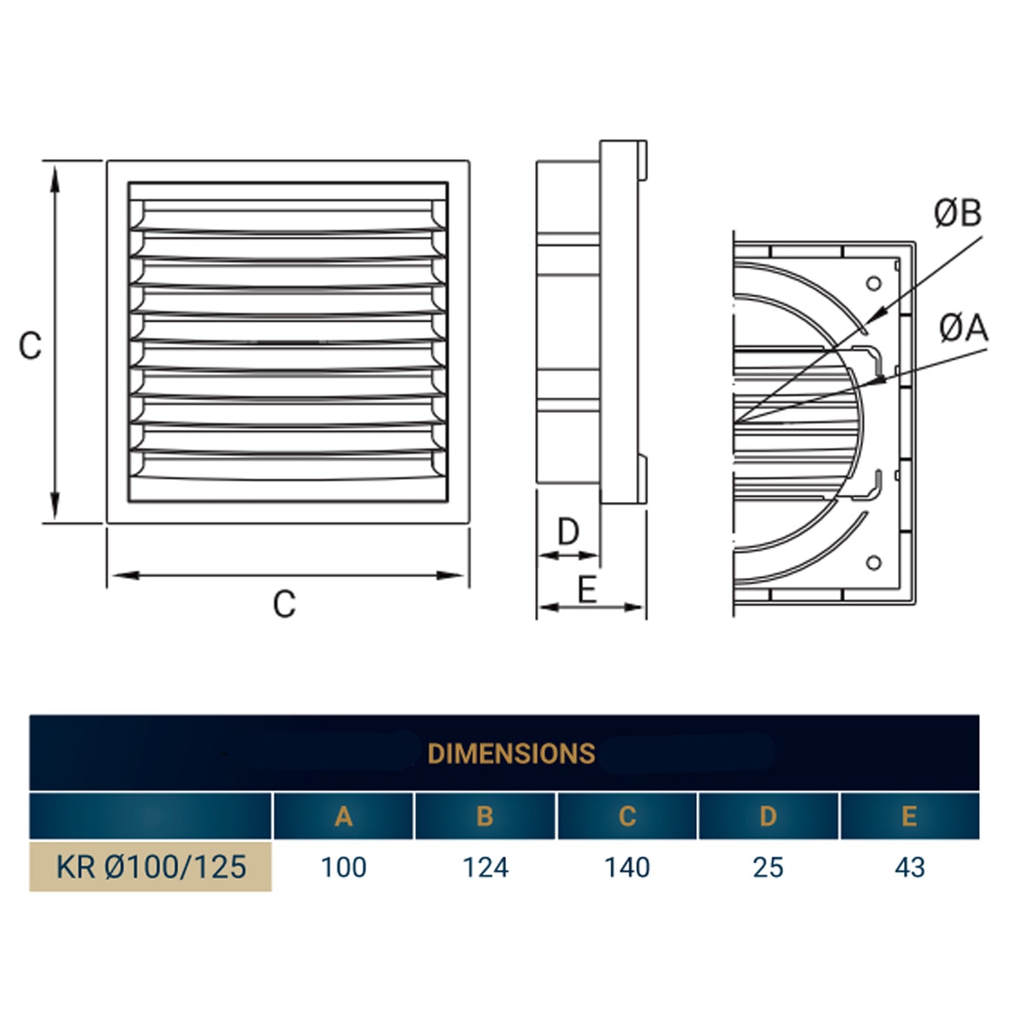 White External Louvre Vent with Fly Screen, 100mm x 125mm
