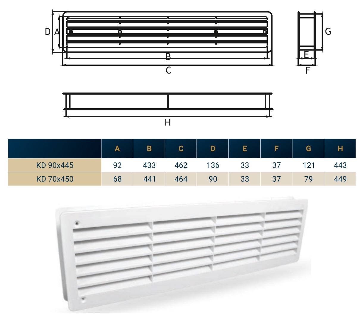 White Rectangle Louvre Door Vent, 90mm x 445mm