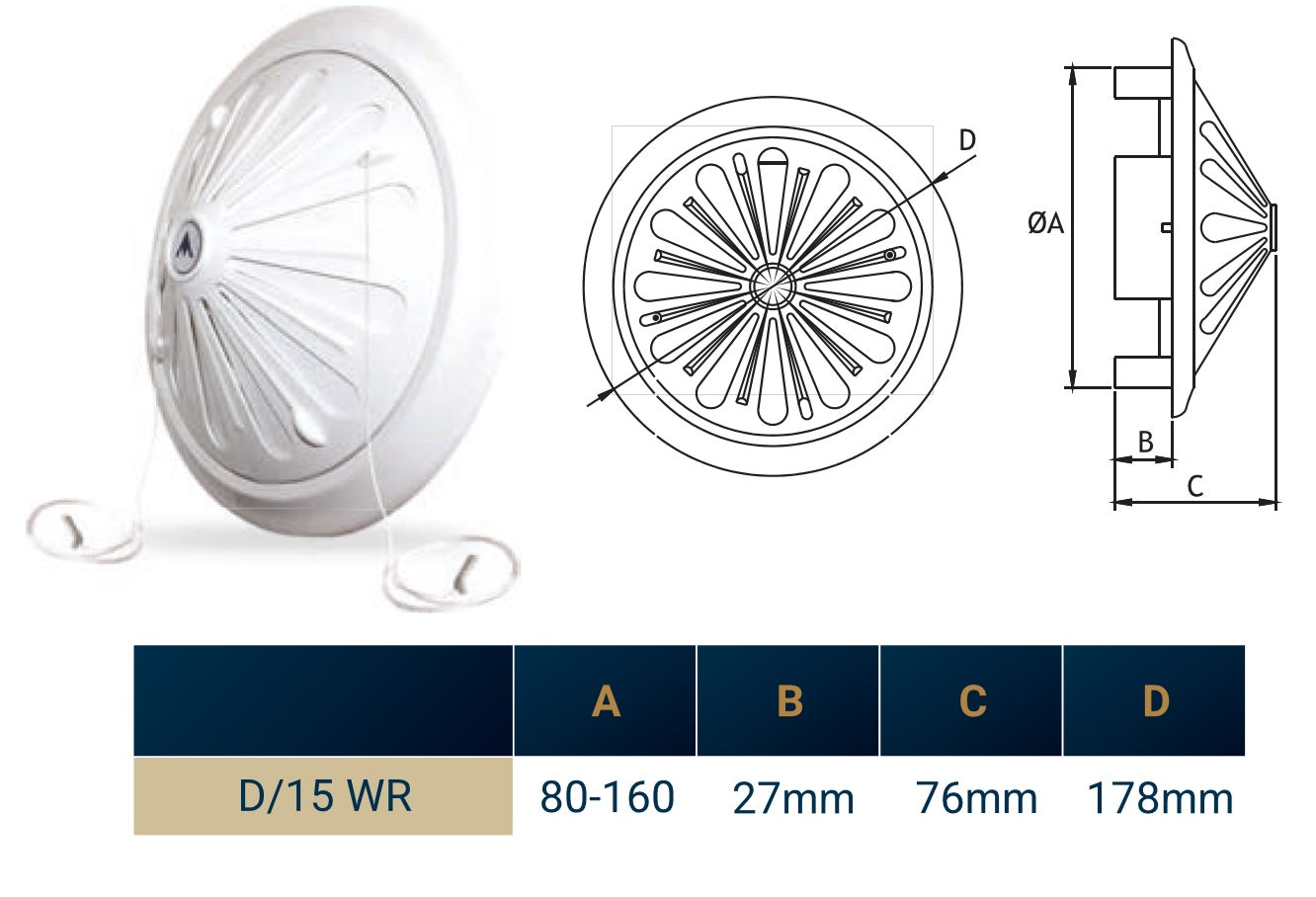 White Adjustable Round Louvre Vent, 80mm - 160mm