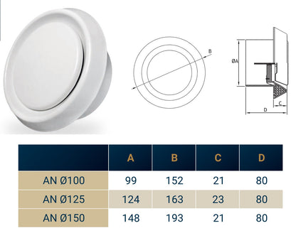 White Anemostat Intake Ceiling Valve, 125mm