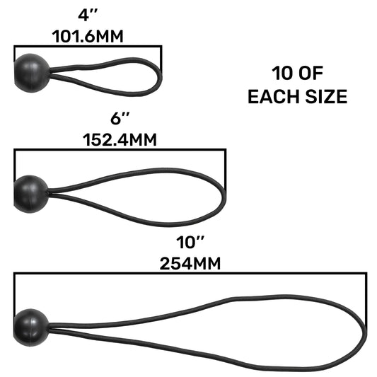 Mixed Size Pack of 30 Black Bungee Balls, 4"/ 6"/ 10"