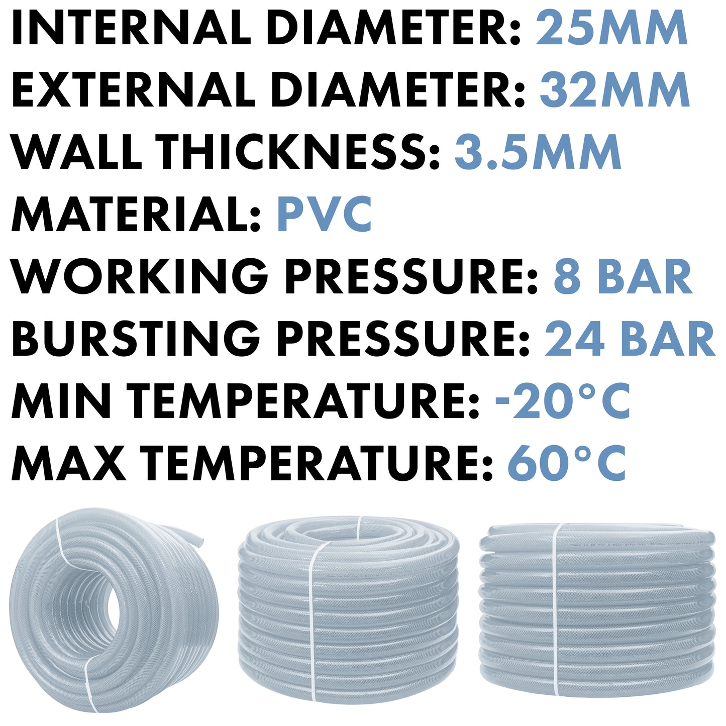 25mm Braided PVC Tech Hose, 3.5mm Wall Thickness