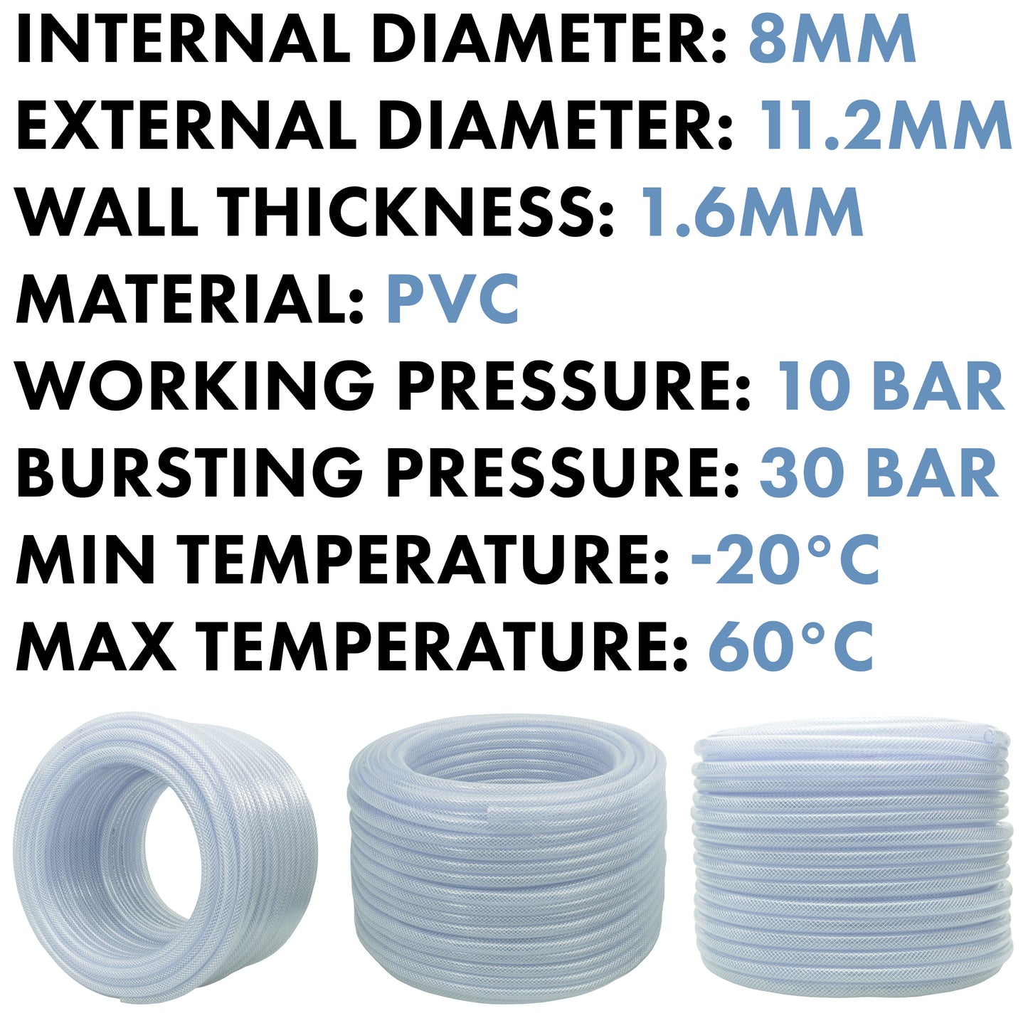 8mm Braided PVC Tech Hose, 1.6mm Wall Thickness