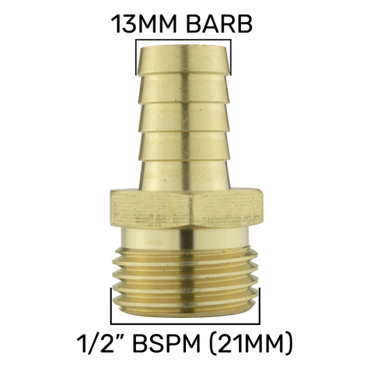 Brass 13mm Barbed Joiner with 1/2" BSP Male Thread