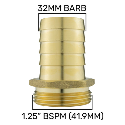 Brass 32mm Barbed Joiner with 1.25" BSP Male Thread