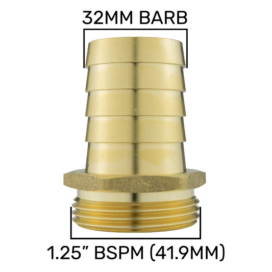 Brass 32mm Barbed Joiner with 1.25" BSP Male Thread