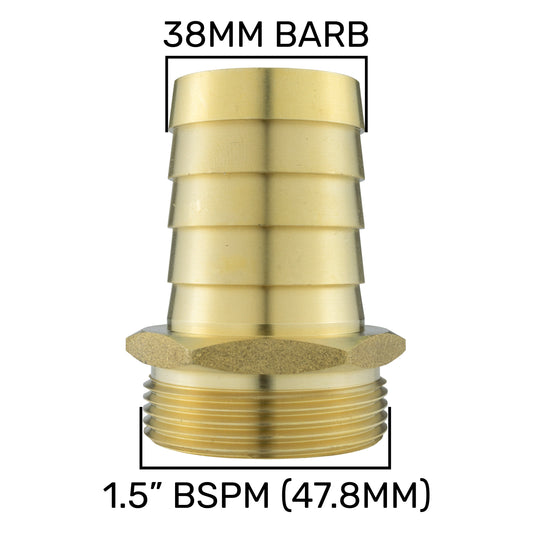 Brass 38mm Barbed Joiner with 1.5" BSP Male Thread