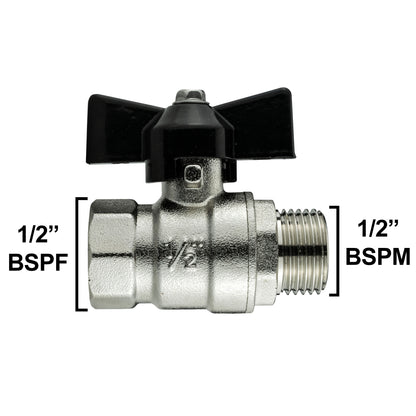 Male to Female Nickel Plated Brass Butterfly Valve, 1/2"