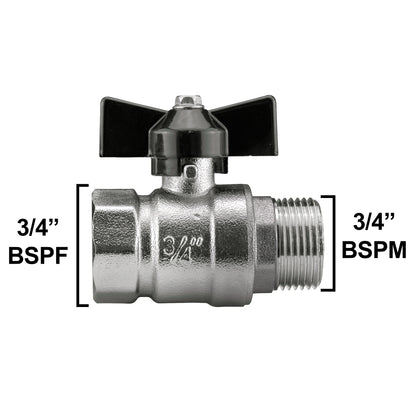 Male to Female Nickel Plated Brass Butterfly Valve, 3/4"