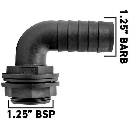 Water Butt 90° Overflow Elbow with Nut & Washer, 1.25"