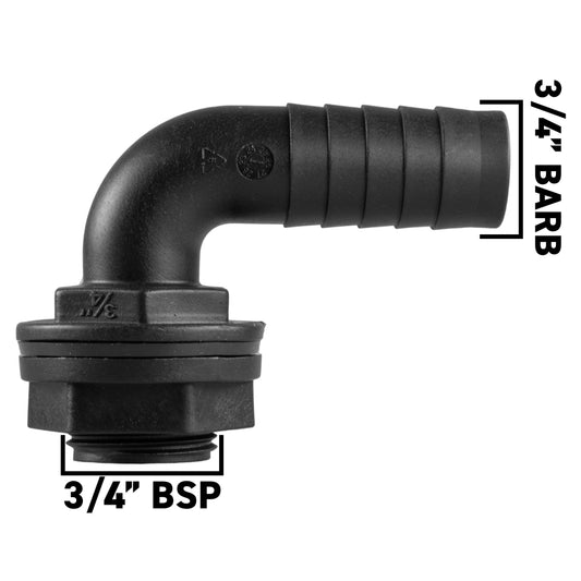Water Butt 90° Overflow Elbow with Nut & Washer, 3/4"