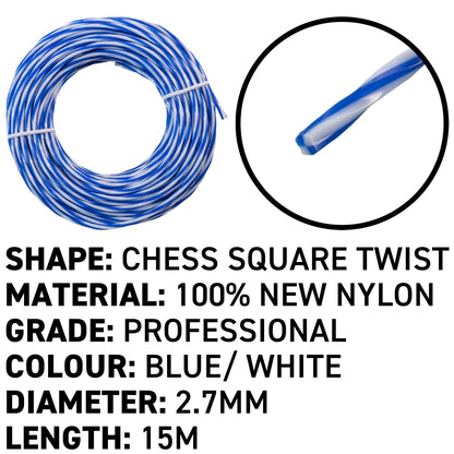 15m Dual Core Twisted Blue Chess Trimmer Line, 2.7mm