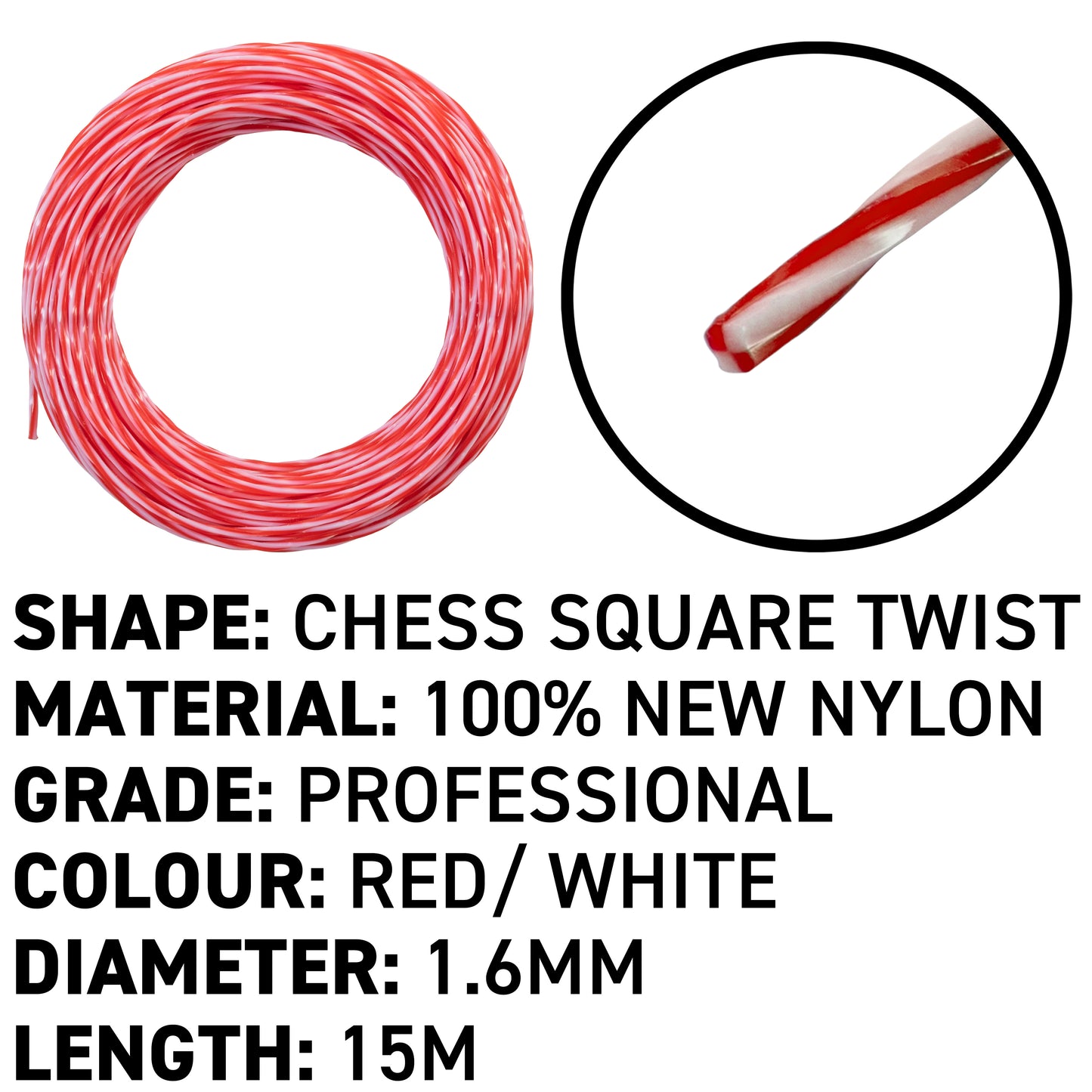 15m Dual Core Twisted Red Chess Trimmer Line, 1.6mm