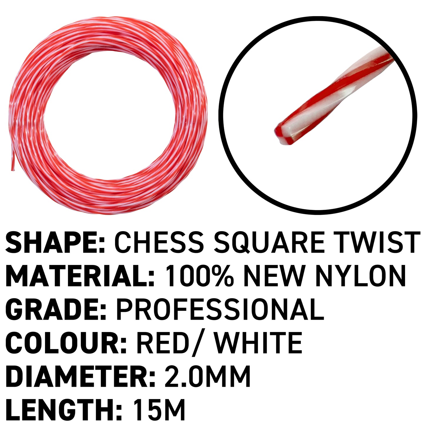 15m Dual Core Twisted Red Chess Trimmer Line, 2mm