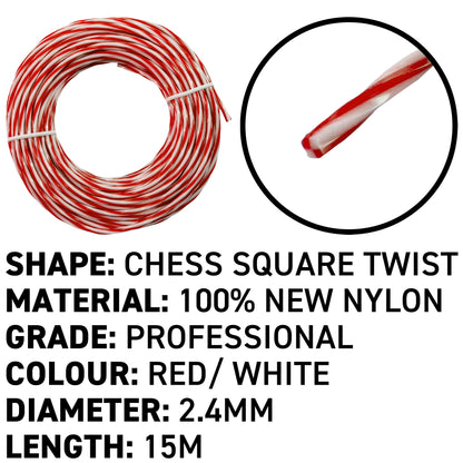 15m Dual Core Twisted Red Chess Trimmer Line, 2.4mm