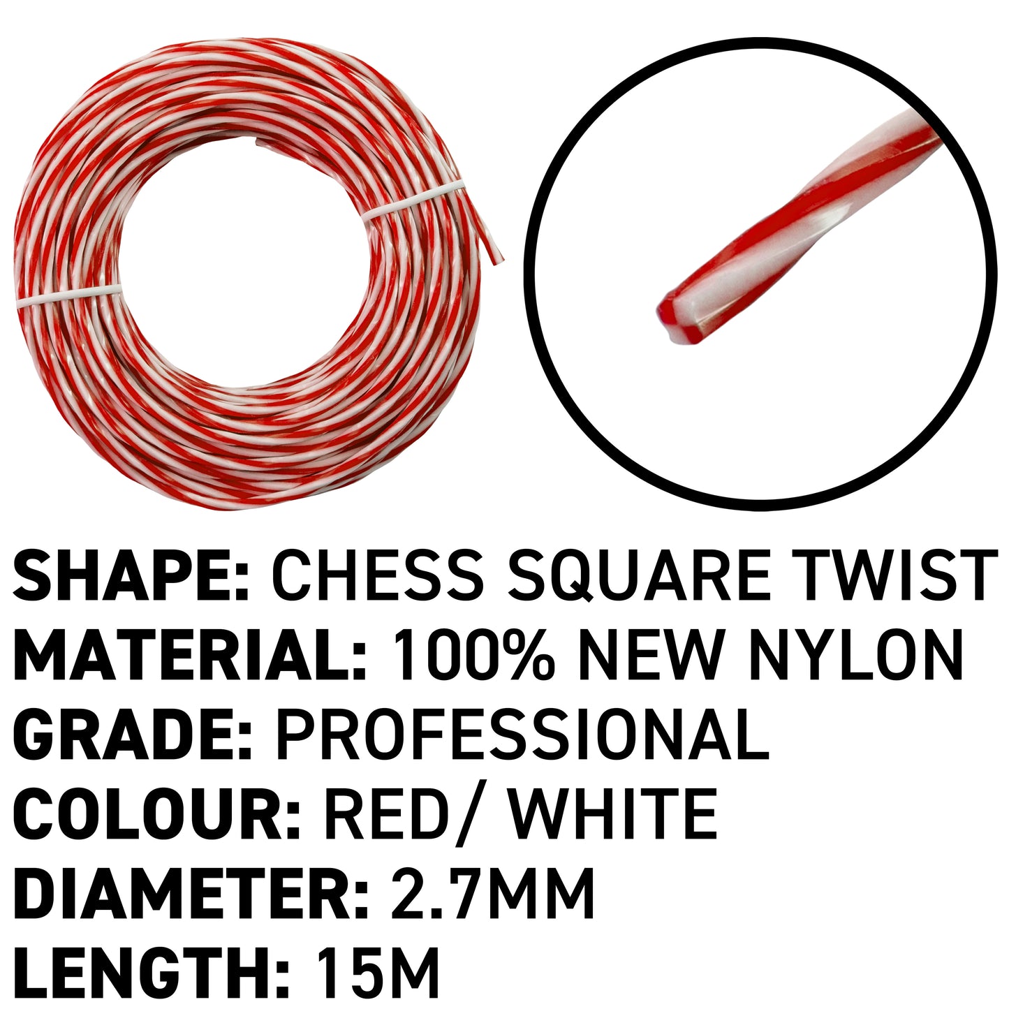 15m Dual Core Twisted Red Chess Trimmer Line, 2.7mm
