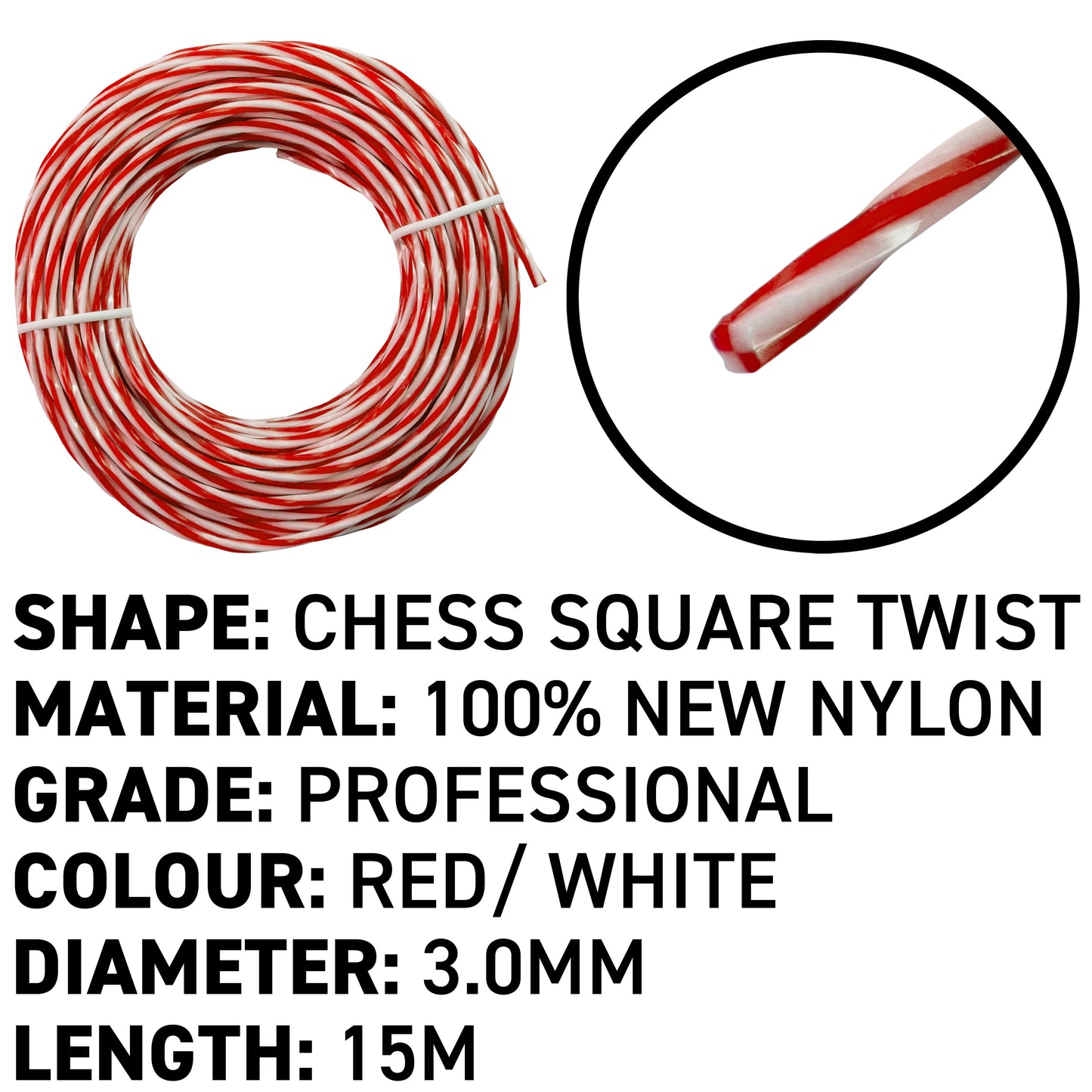15m Dual Core Twisted Red Chess Trimmer Line, 3mm