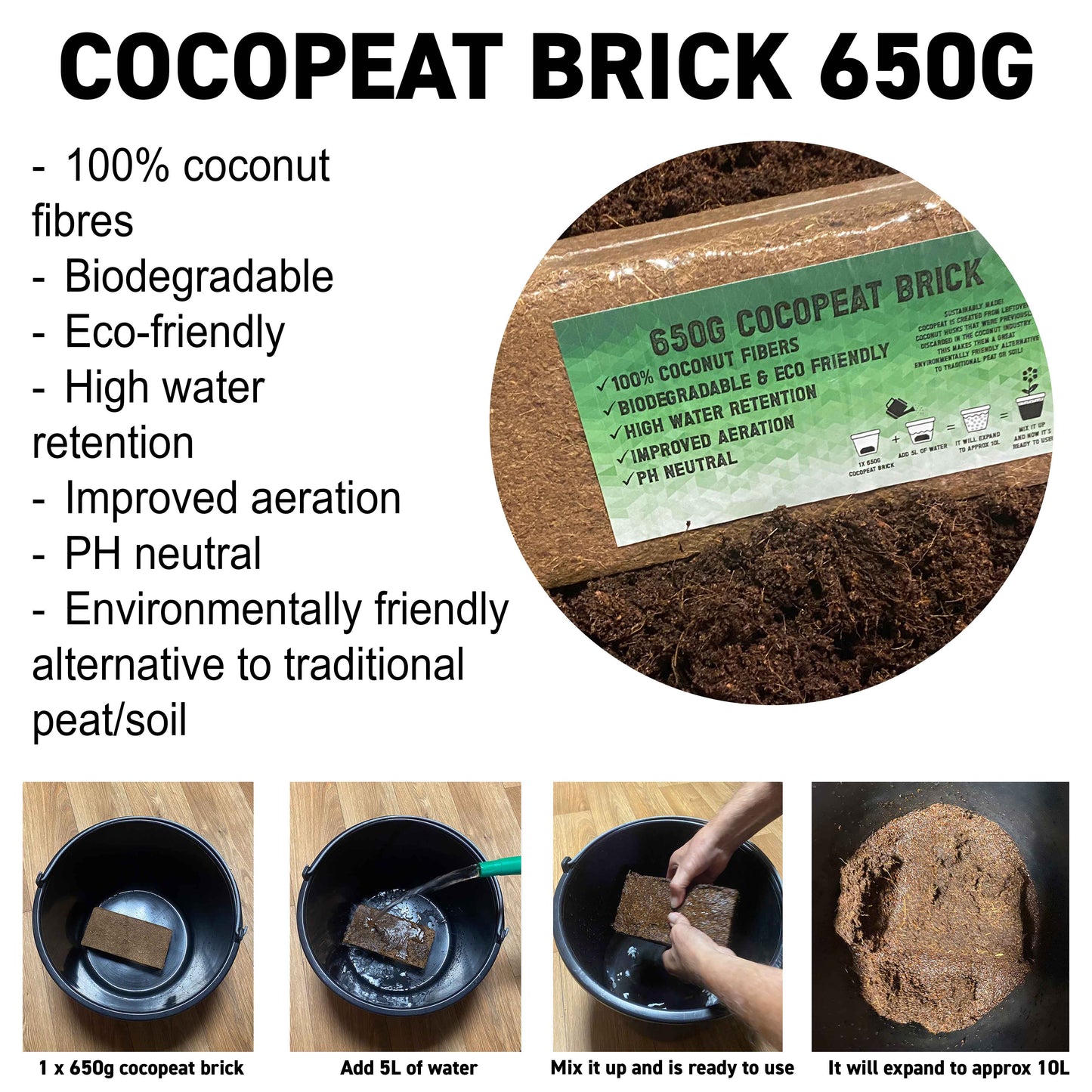 Organic Coconut Coir Fibre Natural Compost Brick, 650g