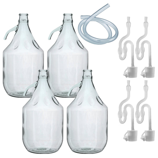5L Clear Glass Demijohn Bottles with Airlocks, Bungs & Siphon Pipe, Box of 4