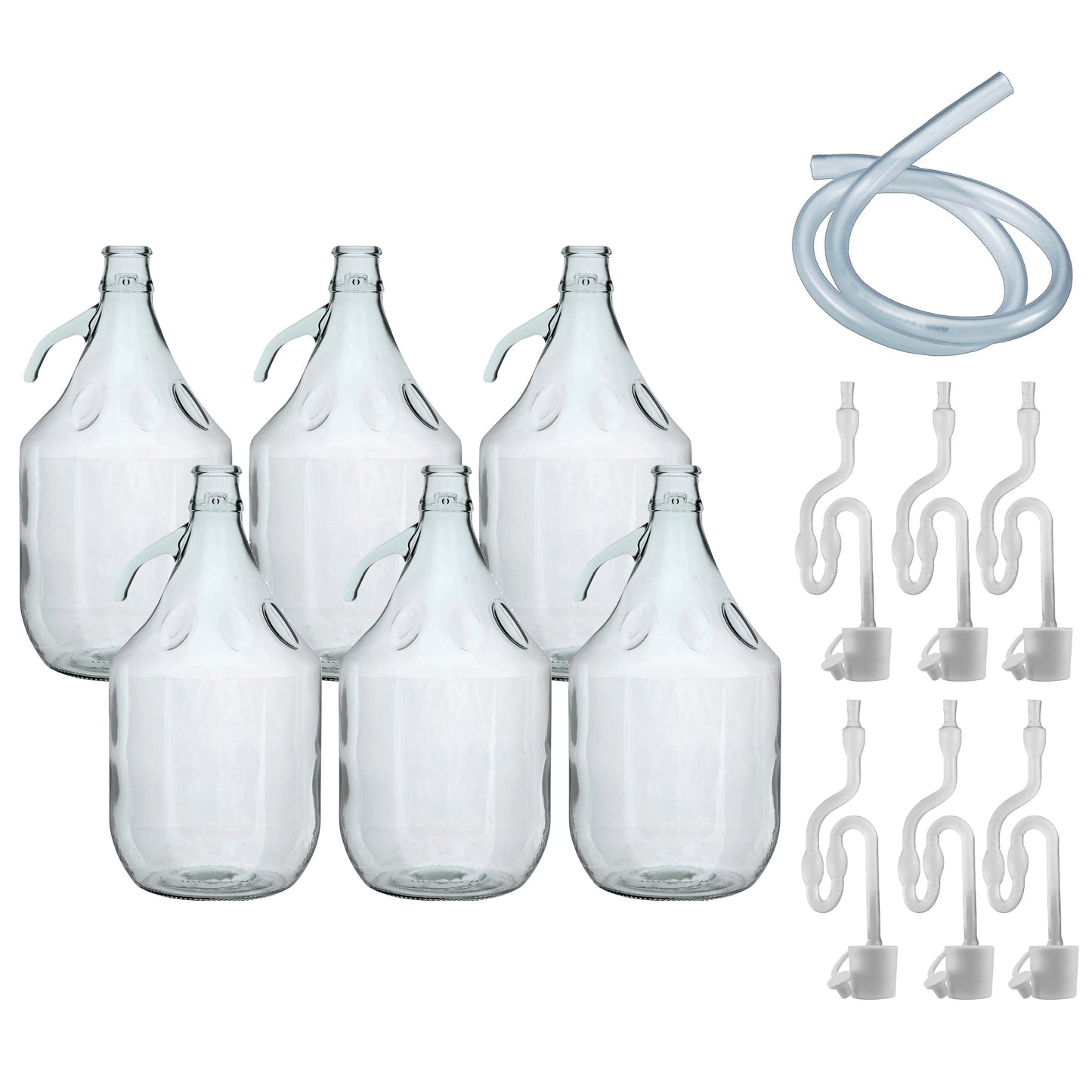 5L Clear Glass Demijohn Bottles with Airlocks, Bungs & Siphon Pipe, Box of 6