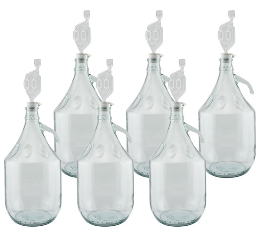 5L Clear Glass Demijohn Bottles with Airlocks & Bungs, Box of 6