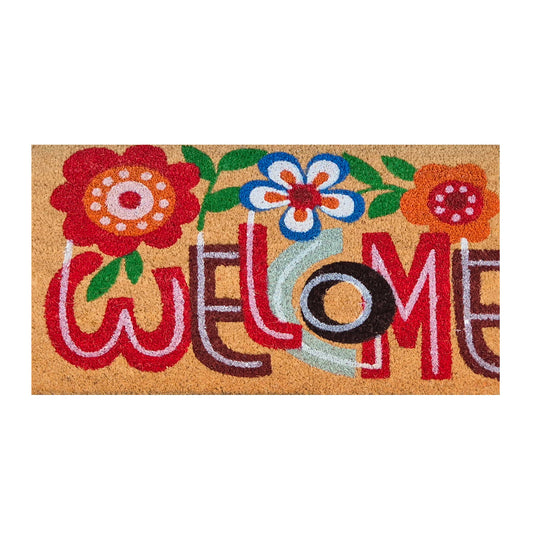 Coir Doormat, 60cm x 40cm - 'Welcome' (Flowers)