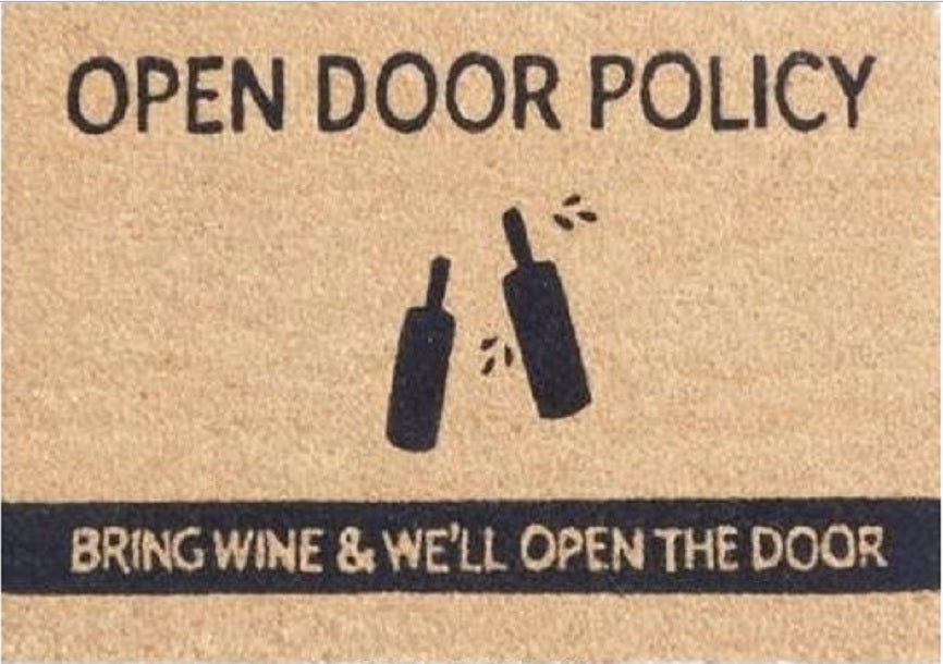 Coir Doormat, 60cm x 40cm - 'Open Door Policy Bring Wine & We'll Open The Door'