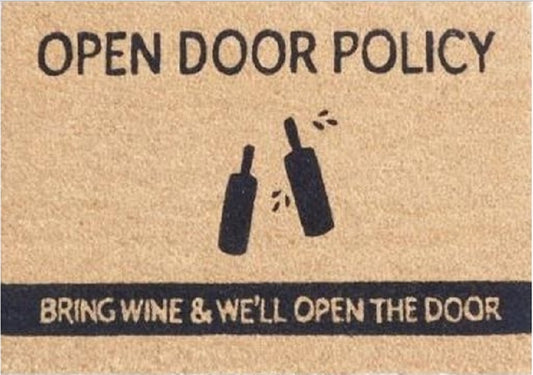 Coir Doormat, 60cm x 40cm - 'Open Door Policy Bring Wine & We'll Open The Door'