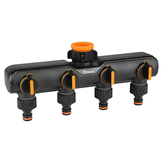 Bradas 4-Way Tap Splitter Manifold with Valves, Black