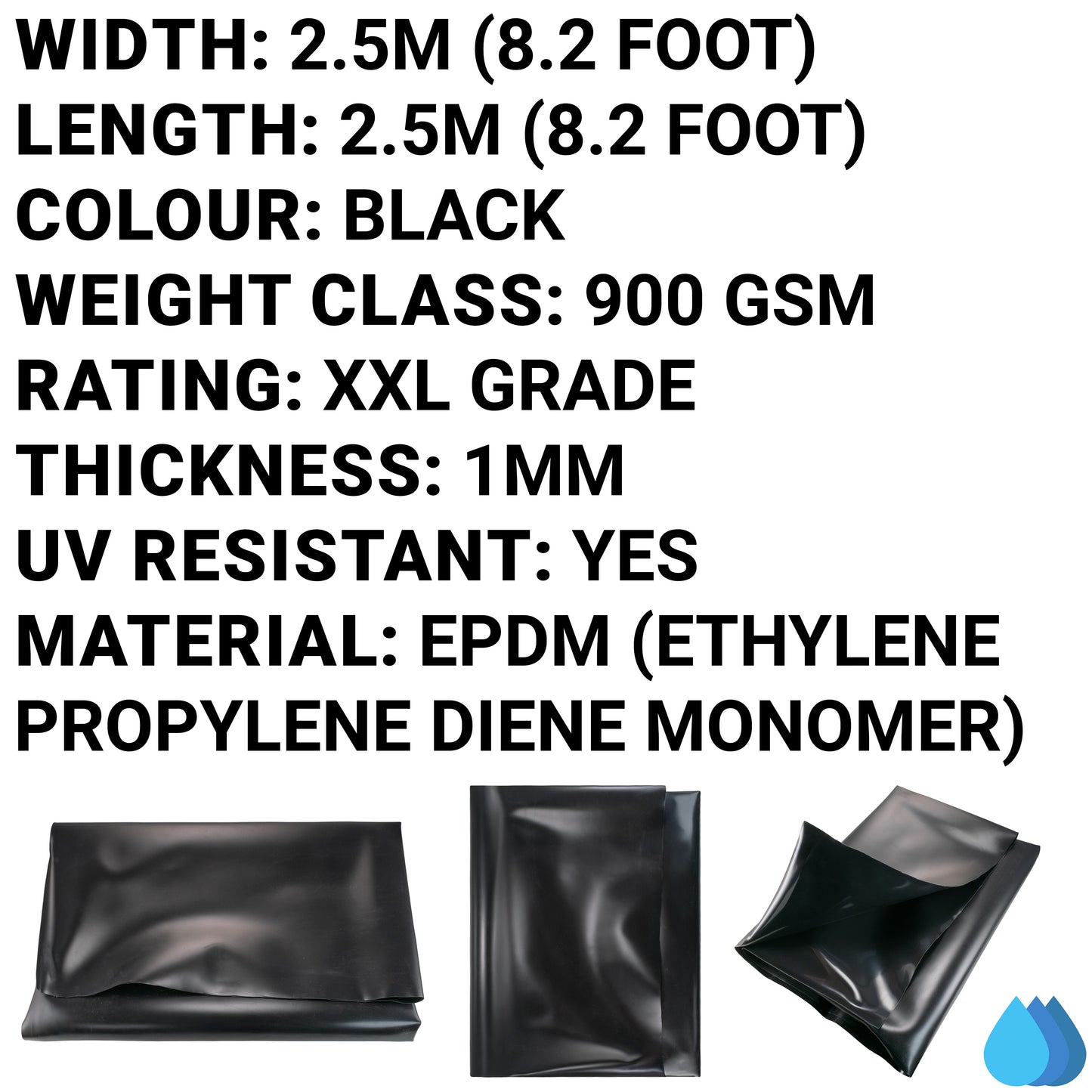 2.5m x 2.5m EPDM Rubber Pond Liner, 900 GSM