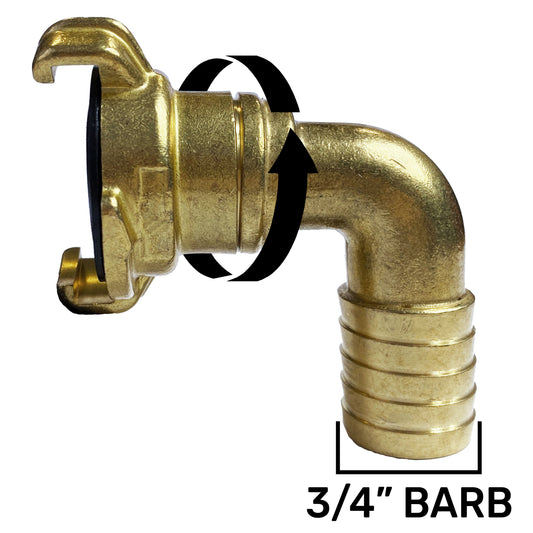 Brass GEKA Style Claw Swivel Hosetail Elbow, 3/4"