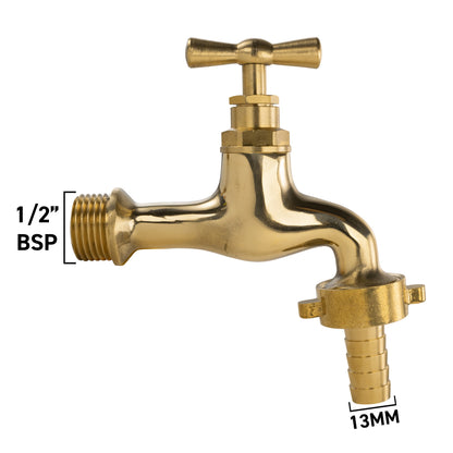 Polished Brass Barbed Bib Tap, 1/2" BSP x 13mm