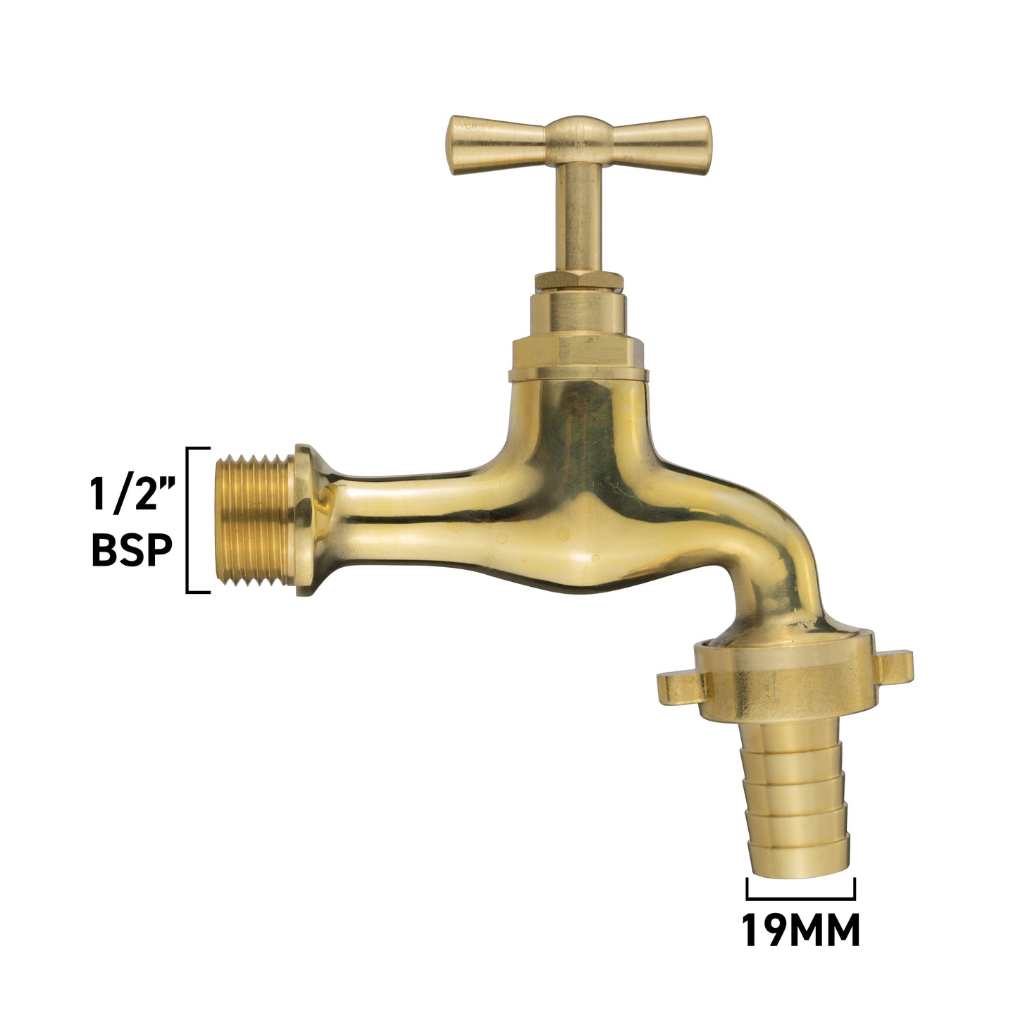 Polished Brass Barbed Bib Tap, 1/2" BSP x 19mm
