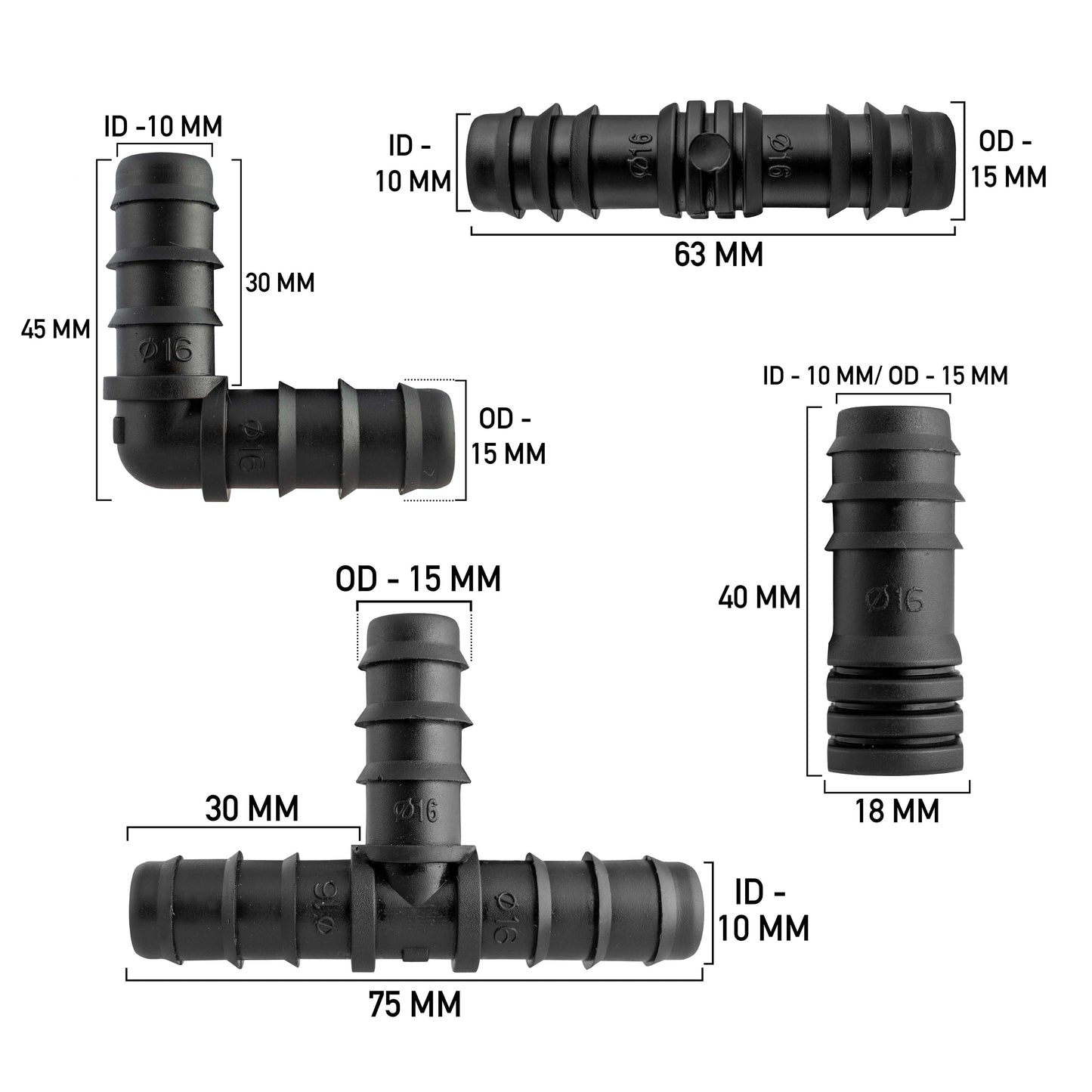 1/2" Irrigation Pipe Mixed Connectors, Pack of 10