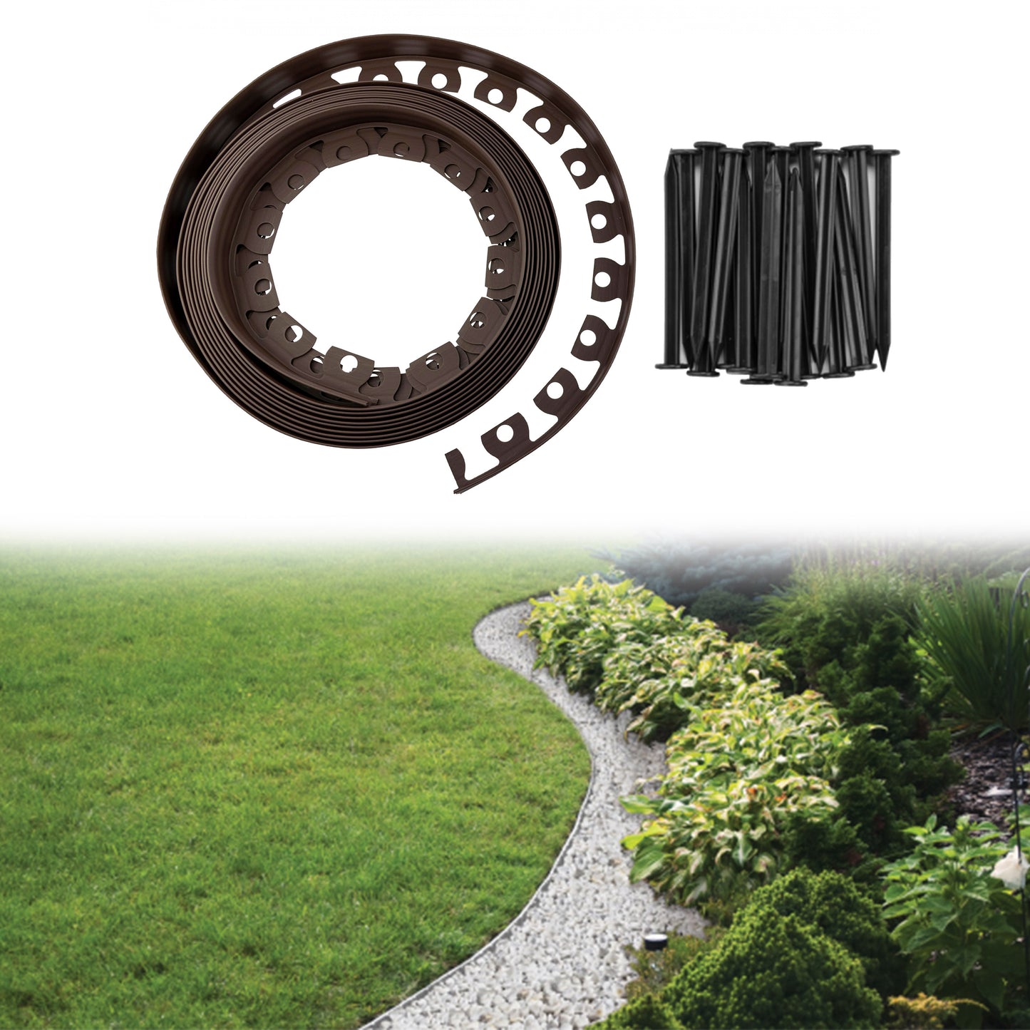 Brown Curved Lawn Edging Set with Pegs, 40mm Height