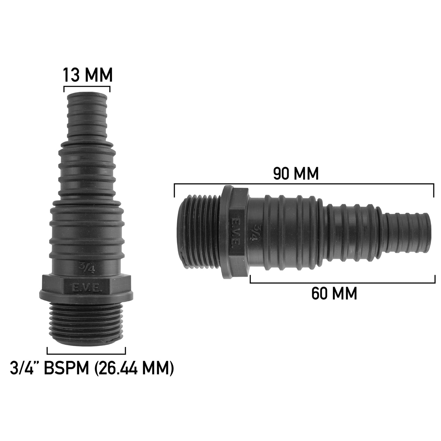 Stepped Barbed Connector for 13mm/ 20mm/ 25mm Hose, 3/4" BSPM