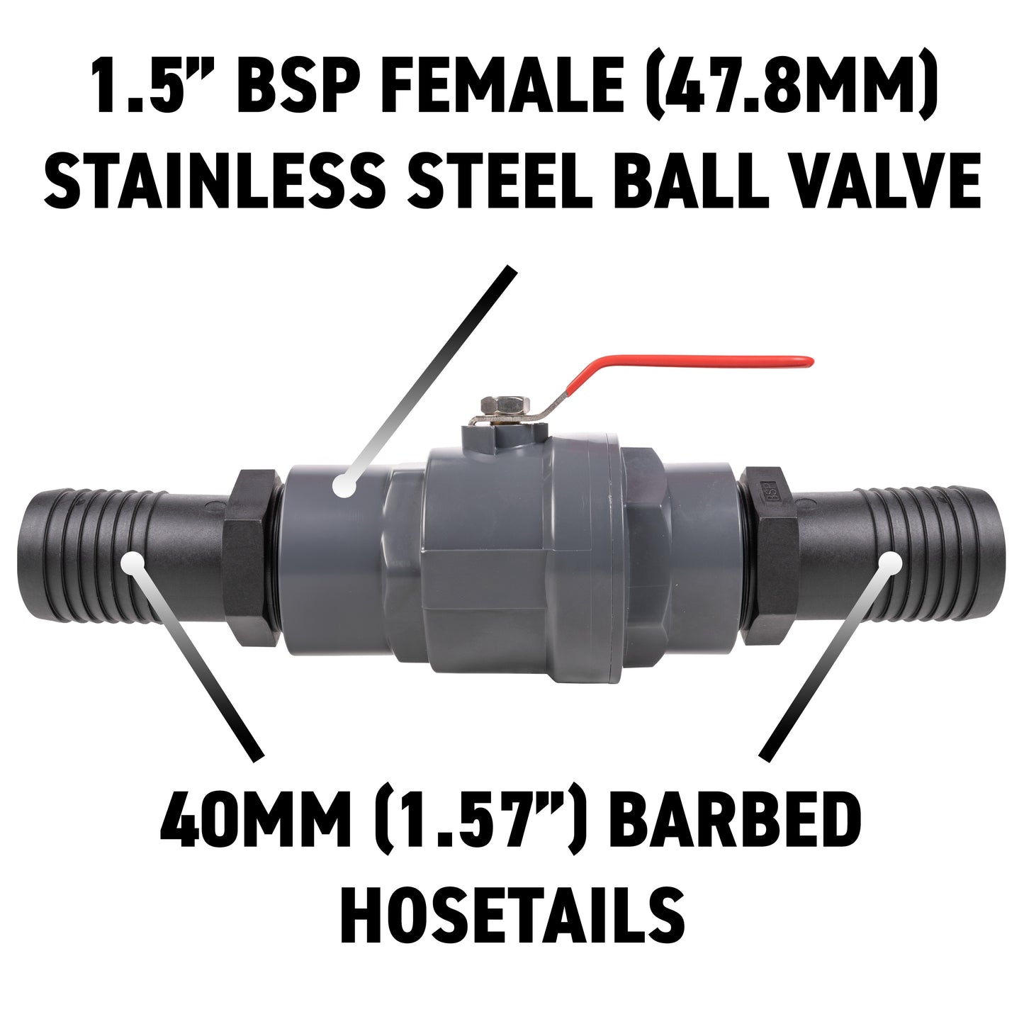 Stainless Steel Ball PP Valve & Barbed Outlet, 1.5"