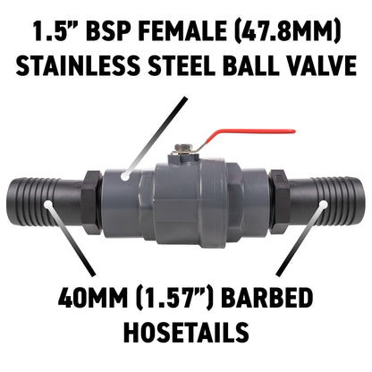 Stainless Steel Ball PP Valve & Barbed Outlet, 1.5"