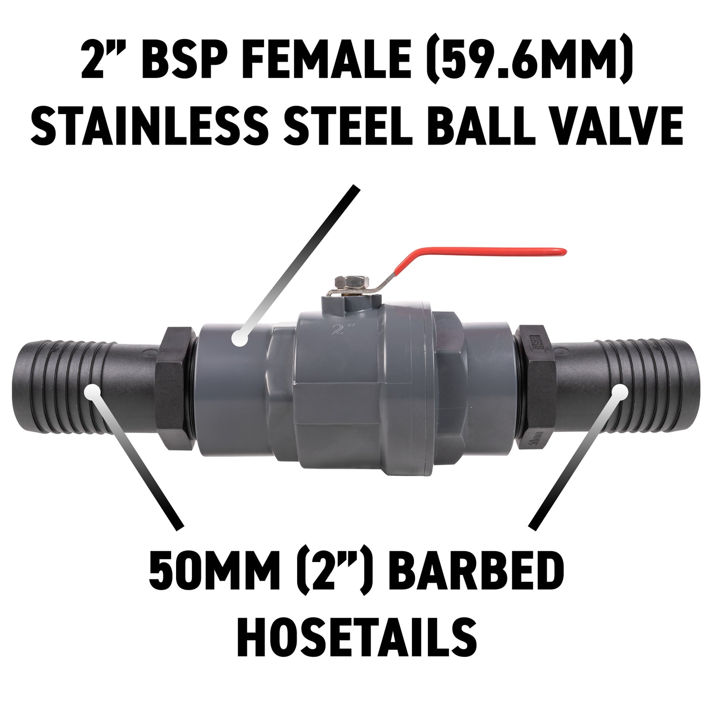 Stainless Steel Ball PP Valve & Barbed Outlet, 2"