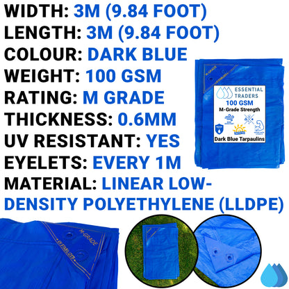 3m x 3m Blue LLDPE Tarpaulins, M-Grade 100 GSM