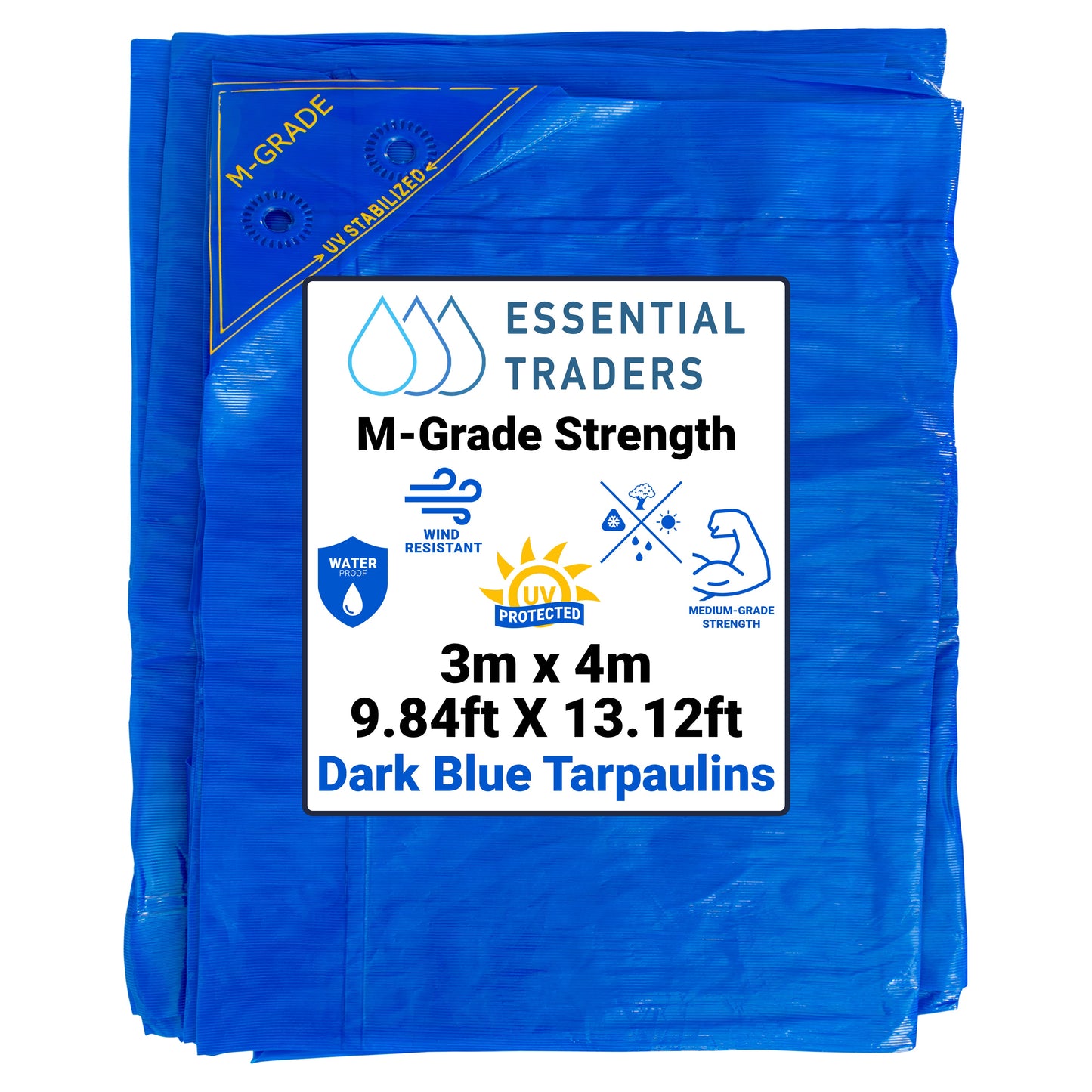 3m x 4m Blue LLDPE Tarpaulins, M-Grade 100 GSM