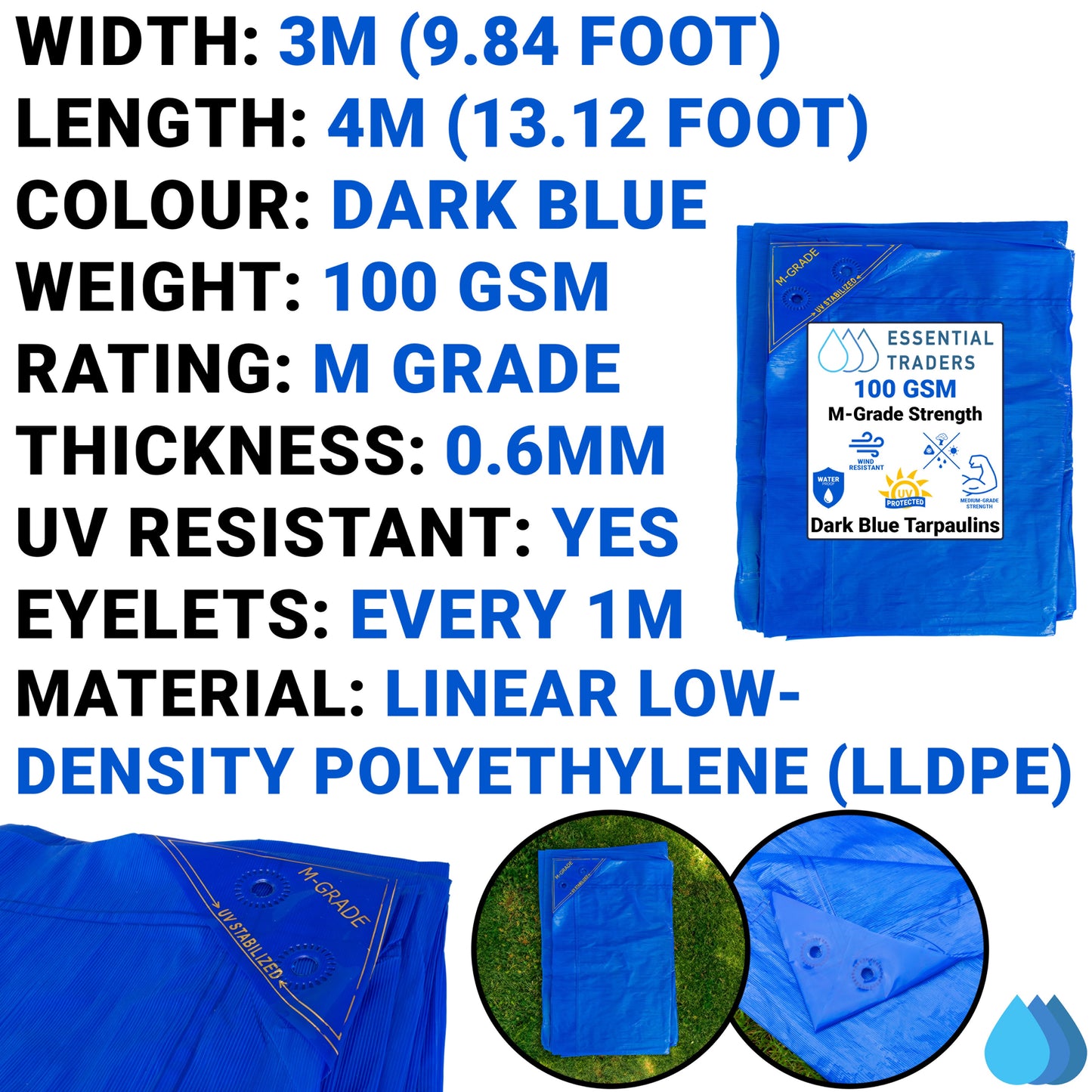 3m x 4m Blue LLDPE Tarpaulins, M-Grade 100 GSM
